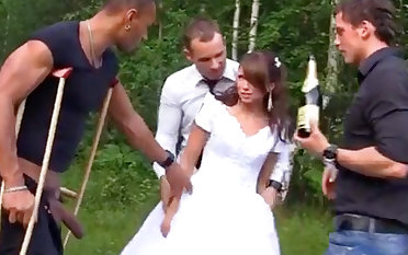 Russian bride enjoys an interracial gang-bang not at home